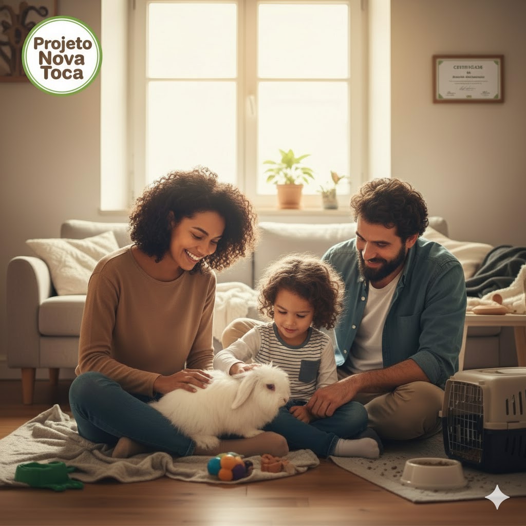 Família feliz adotando um coelho