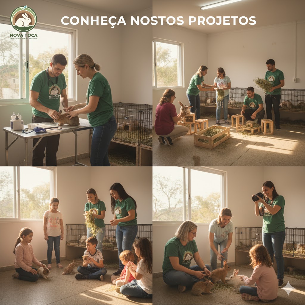 Pessoas cuidando de coelhos